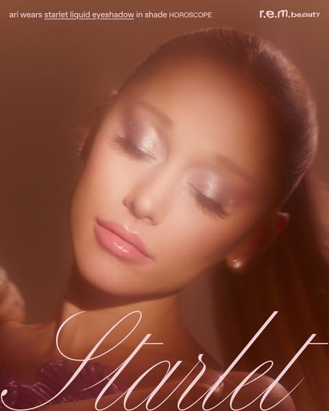 This ad features Ariana Grande wearing r.e.m. beauty's Starlet Liquid Eyeshadow in the shade HOROSCOPE. The ad is a 