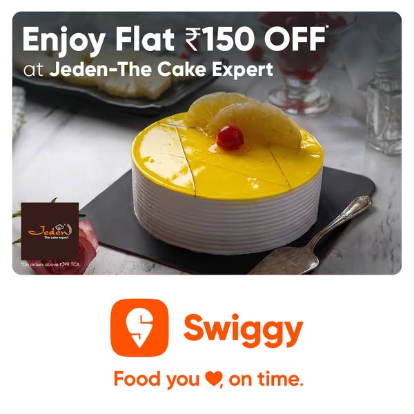 This ad promotes Jaden-The Cake Expert, offering a flat ₹150 off on orders above ₹399 through Swiggy. The ad features an