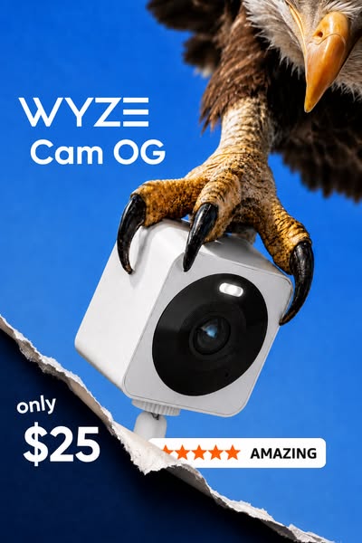 An advertisement for the WYZE Cam OG, which features the security camera product being held by the talons of an eagle. T