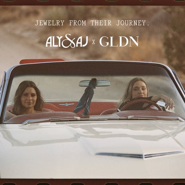 This image ad promotes a jewelry collection that is a collaboration between the brand GLDN and the musical duo Aly &