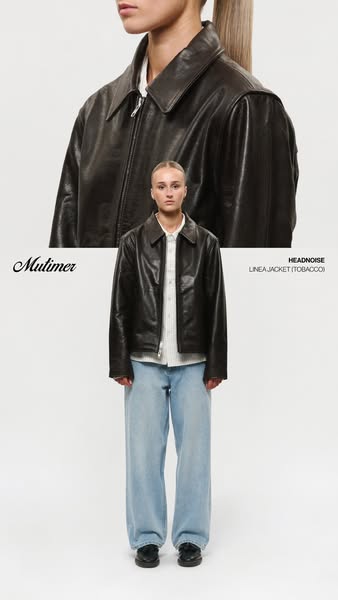 This ad features a model wearing a leather jacket. There is a close up view of the jacket near the top of the frame.