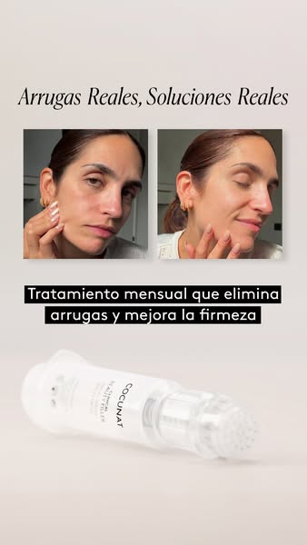This image ad showcases a Cocunat product that is used to eliminate wrinkles. The ad shows the face of a woman before an