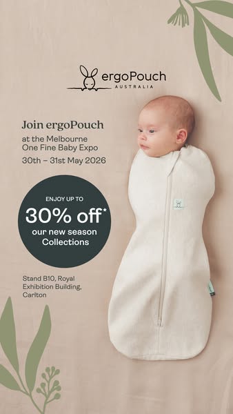 An image ad for ergoPouch to promote their attendance at the Melbourne One Fine Baby Expo, and promote the offer of enjo