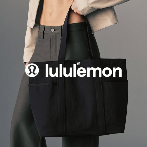 This image ad showcases a lululemon tote bag. The focus is on the bag itself, highlighting its sleek design and utility.