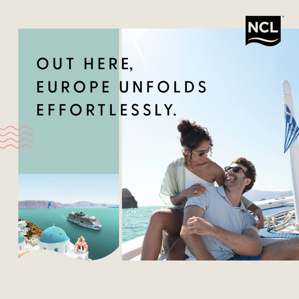 This image ad for NCL promotes their cruises to Europe. The ad features a split design: one side showcases the headline 