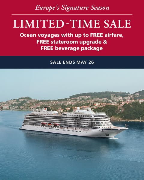 This image ad for Europe's Signature Season promotes a limited-time sale on ocean voyages, offering free airfare, st