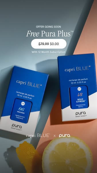 This image ad promotes Capri BLUE fragrance refills for the Pura smart scent diffuser, highlighting an offer for a free 