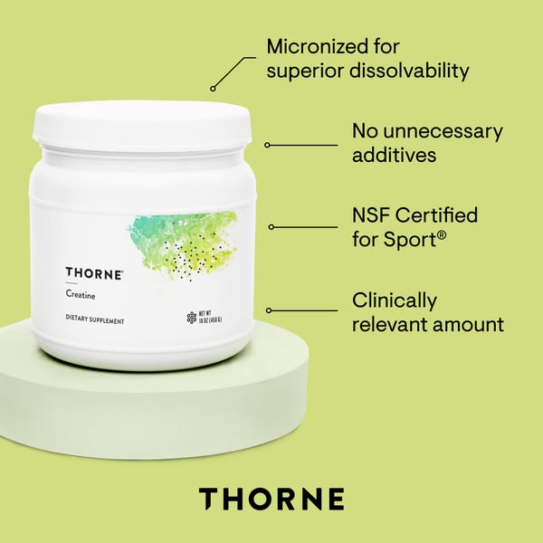 This ad showcases Thorne's Creatine dietary supplement, emphasizing its superior dissolvability, lack of unnecessary