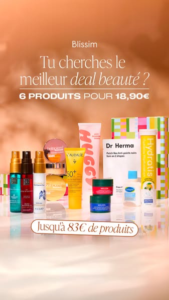 This image ad promotes Blissim beauty product deals. It features an assortment of skincare and cosmetic items available 