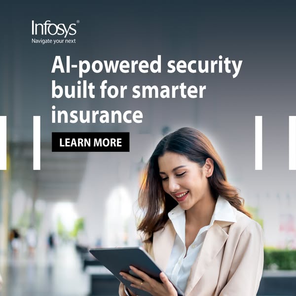 This ad promotes Infosys's AI-powered security for smarter insurance, targeting insurance companies that seek cuttin