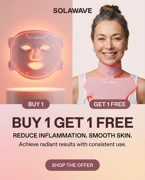 This image ad showcases the Solawave brand and its skincare products, particularly the LED light therapy mask. The ad fe