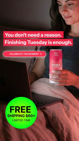 An image ad shows a woman using a laptop in bed with a can of Moment drink beside her. Text on the image states you don&