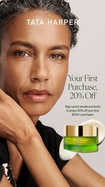 This is an image ad for Tata Harper's Crème Supreme moisturizer, targeting new customers with a 20% discount on thei