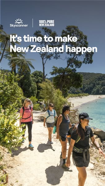 This image ad for Skyscanner promotes travel to New Zealand. It features a group of women hiking along a scenic trail wi