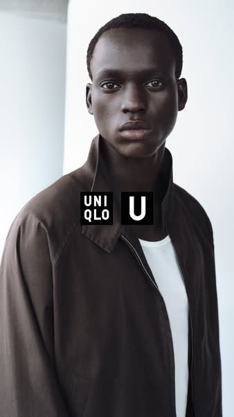This ad features a dark-skinned male model wearing a dark brown UNIQLO jacket over a white t-shirt. The UNIQLO U logo is