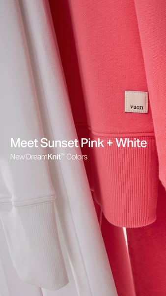 This ad showcases Vuori's DreamKnit fabric in their Sunset Pink and White colors. The focus is on the texture and qu