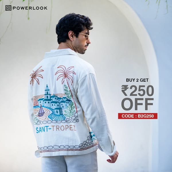 An image ad for Powerlook menswear showcases an embroidered shirt with a ‘Saint-Tropez’ design. The ad highlights a ‘Buy