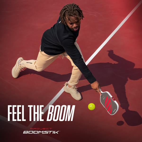 This ad features a person playing pickleball to promote the brand, BOOMSTIK, and to showcase the feeling of using the pi