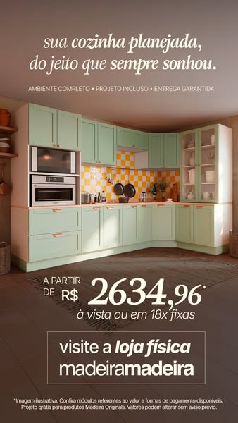 This ad promotes MadeiraMadeira's kitchen planning services. It features a photo of a kitchen, and copy offering com