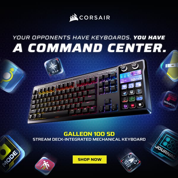 This ad showcases the Corsair Galleon 100 SD Stream Deck-Integrated Mechanical Keyboard, emphasizing its advanced featur