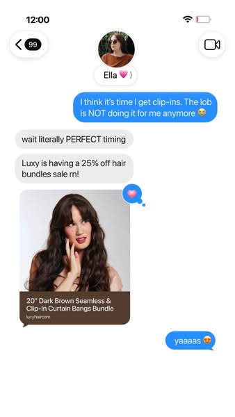This ad features a text message exchange where one person expresses dissatisfaction with their current hairstyle and des