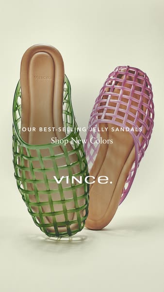 This ad showcases Vince's jelly sandals and encourages viewers to shop new colors.