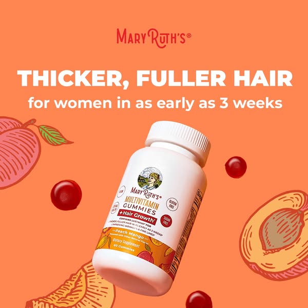 This ad promotes Mary Ruth's Multivitamin Gummies + Hair Growth for women, promising thicker, fuller hair in as earl