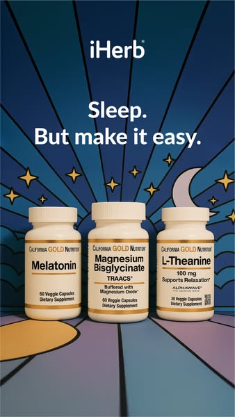 This ad features three sleep supplements from California Gold Nutrition sold by iHerb. The tagline emphasizes easy sleep