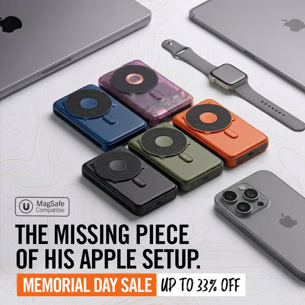 The ad features the missing piece in his Apple setup. The image shows several portable wireless charging devices in vari