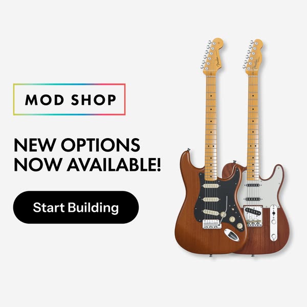 This ad promotes the ability to customize and build guitars through the Fender Mod Shop. The ad shows two completed guit
