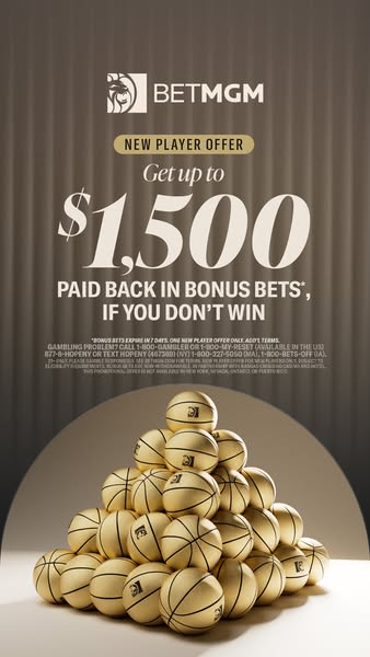 This ad for BetMGM promotes a new player offer of up to $1,500 paid back in bonus bets if you don't win. The ad feat