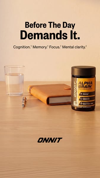 This ad promotes Onnit's Alpha Brain supplement, highlighting its benefits for cognition, memory, focus, and mental 