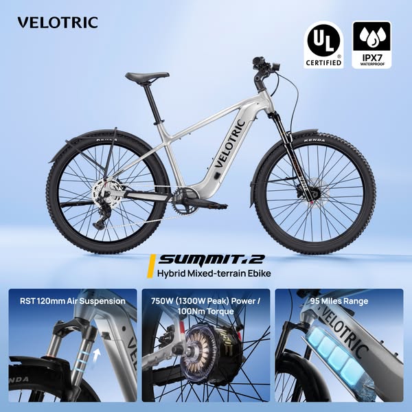 This image ad promotes the Velotric Summit.2 Hybrid Mixed-terrain Ebike, highlighting its features like air suspension, 