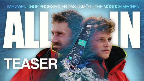 This ad is a teaser for 'ALL IN', featuring two young professional sailors. The ad shows the sailors with a sail