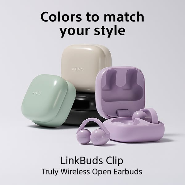 This ad features the Sony LinkBuds Clip, emphasizing their design and color options. The headline, "Colors to match