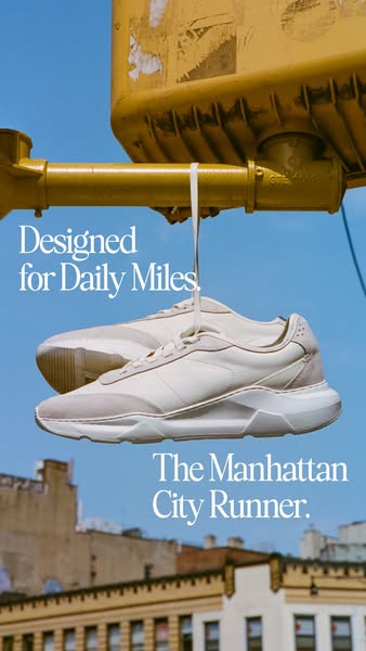 This image ad showcases 'The Manhattan City Runner' sneaker and the brand's positioning as a shoe designed f