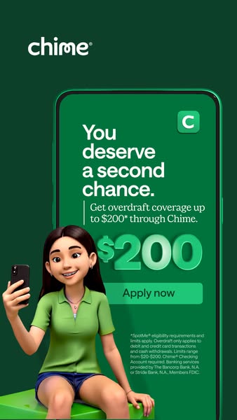This ad from Chime uses a cartoon rendering of a girl sitting on a pile of money to promote a second chance with up to $