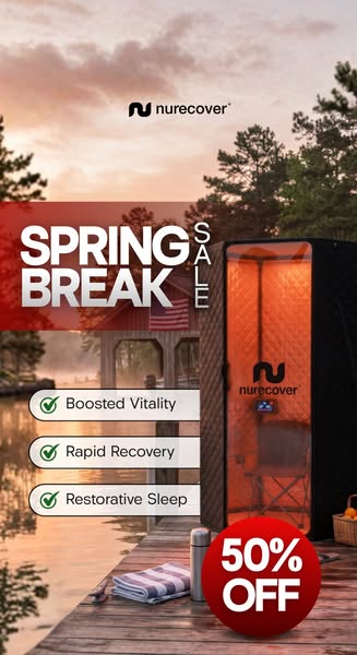 This image ad promotes the Nurecover sauna and highlights benefits like boosted vitality, rapid recovery, and restorativ
