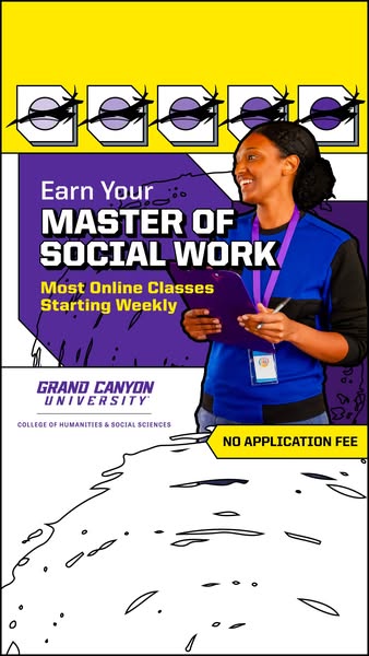 This image ad promotes Grand Canyon University's Master of Social Work program, highlighting the availability of onl