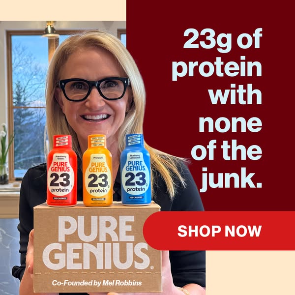 An image ad for Pure Genius protein drinks featuring Mel Robbins. The ad highlights the 23g of protein and low calorie c