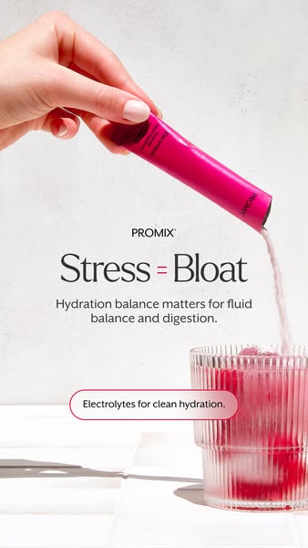 This ad emphasizes the connection between stress and bloating, offering PROMIX electrolytes as a solution for hydration 