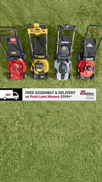 This Ace Hardware ad showcases a selection of push lawn mowers. It highlights a promotional offer of free assembly and d