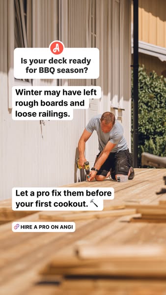 This ad for Angi shows a man repairing a deck, implying it may need work after the winter. It asks if your deck is ready