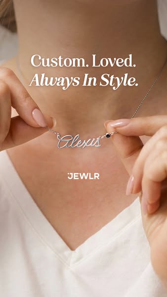 This ad showcases a personalized name necklace from JEWLR. The ad emphasizes the custom and stylish nature of the jewelr