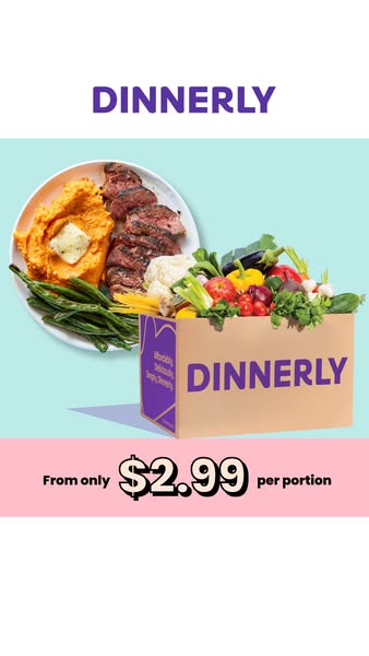 Ad for Dinnerly. In the image is a plate of food with a box labeled, Dinnerly. The background is light blue with a pink 