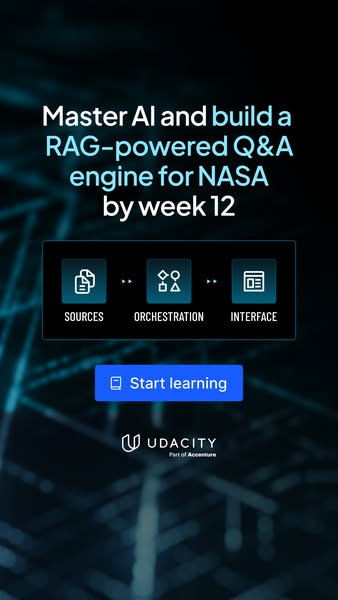 This ad promotes Udacity's AI course, which teaches users how to build a RAG-powered Q&A engine for NASA by week