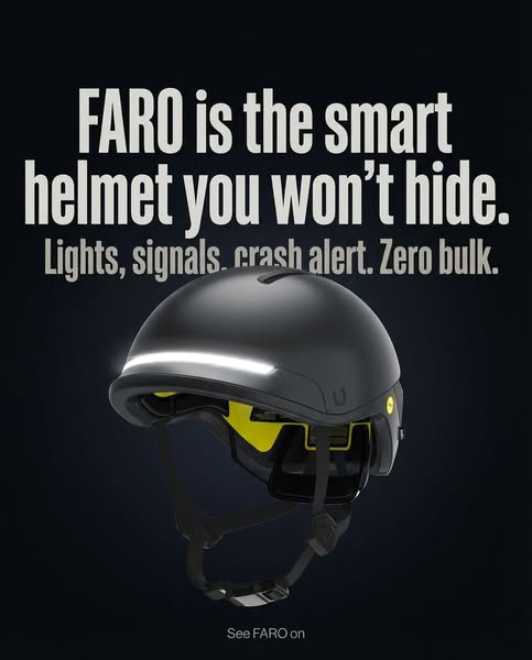 This ad for FARO smart helmets showcases the product's key features such as lights, signals, and crash alert. It emp
