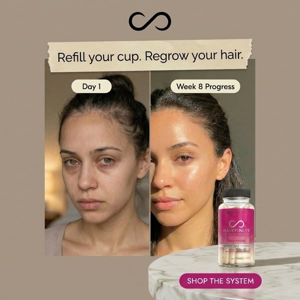 This ad for Hairfinity hair growth vitamins features a split-screen before and after shot of a woman's face. On the 