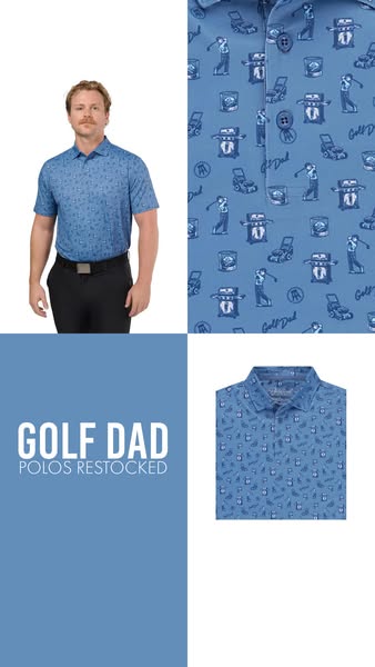 The ad features a man wearing a blue golf polo. There are also images of the polo in the ad. The ad headline reads, '