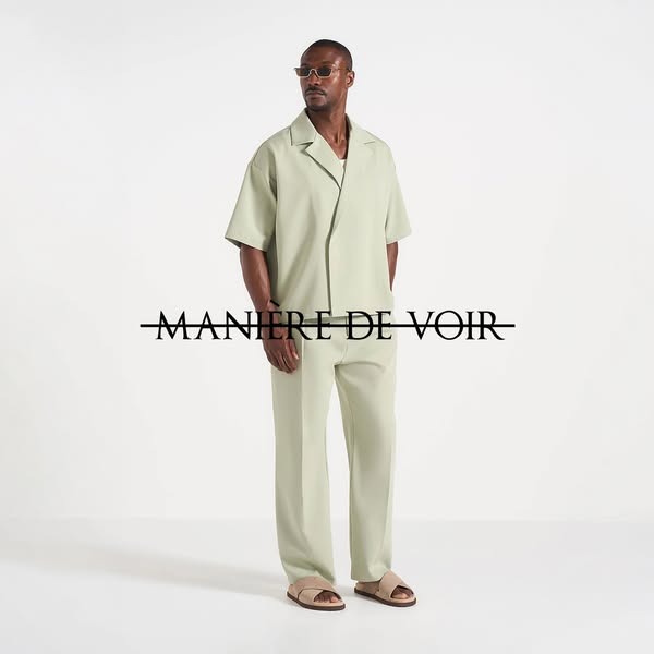 This is an ad for Manière De Voir featuring a person wearing a matching sage green shirt and pants set. The person is al